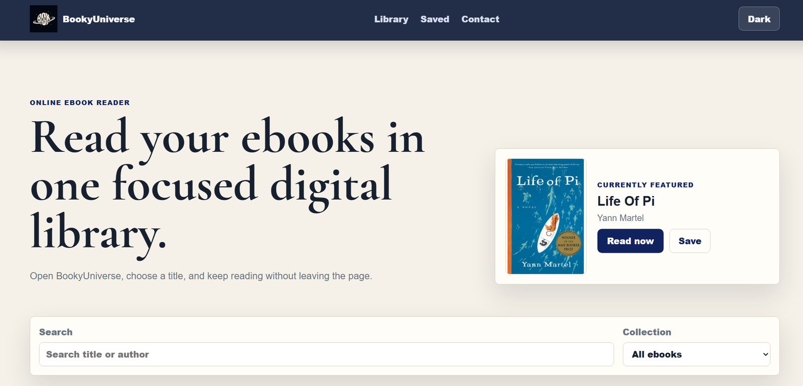BookyUniverse homepage: Read your ebooks in one focused digital library.