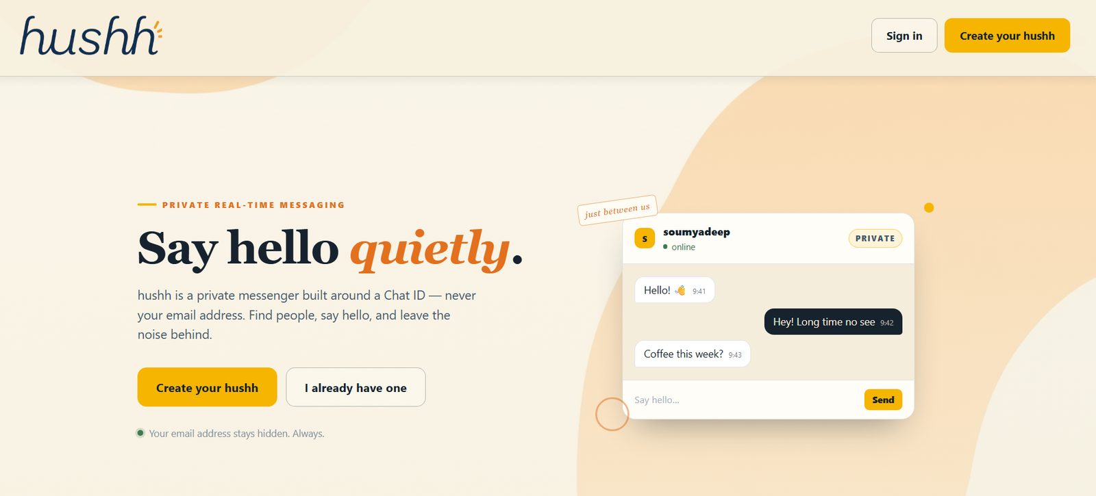 hushhconnect homepage: Say hello quietly, with a private chat preview.