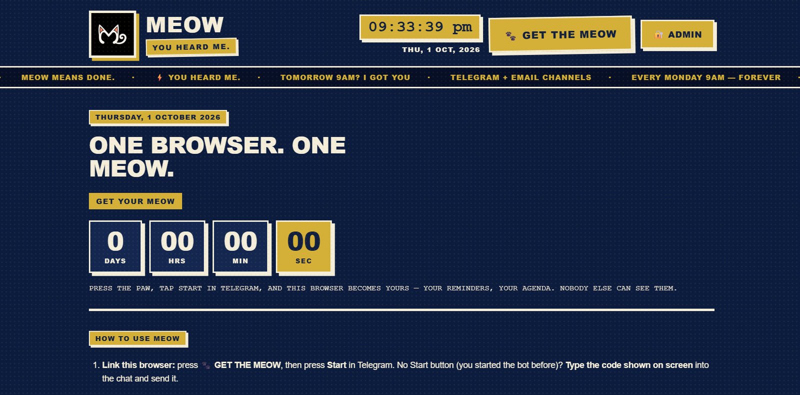 Meow Reminder homepage: one browser, one meow, with a countdown, a get-the-meow button and a how-to list.