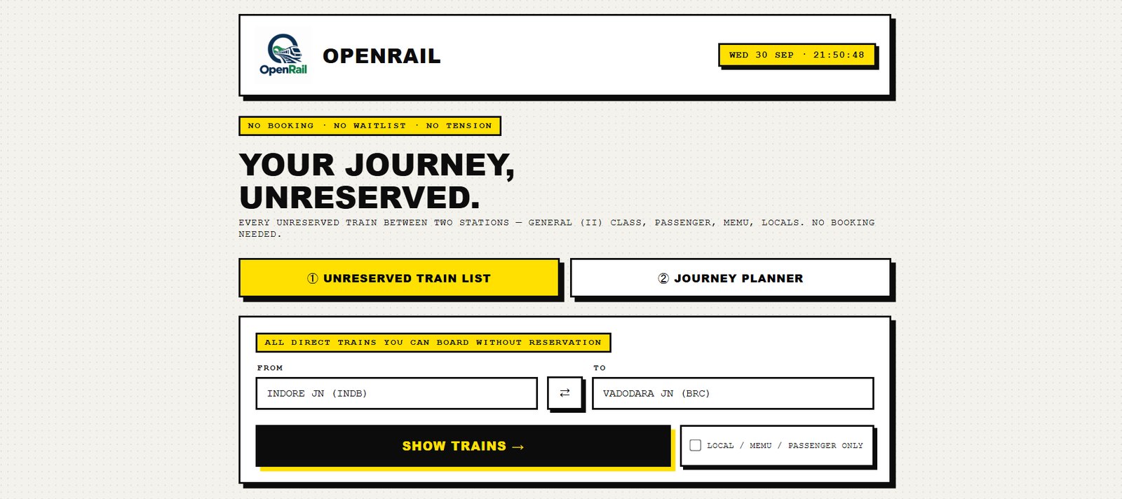 OpenRail homepage: Your Journey, Unreserved, with a station-pair search for unreserved trains.