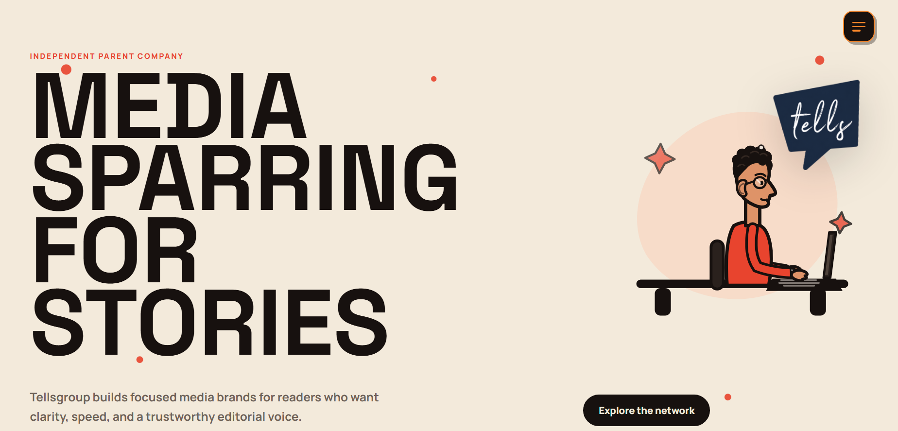 Tellsgroup homepage: Media sparring for stories, with a cartoon editor at a laptop.